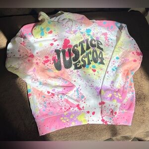 JUSTICE Girl’s White Multi-Color Splatter Paint Hoodie with Shiny Lettering Sz L